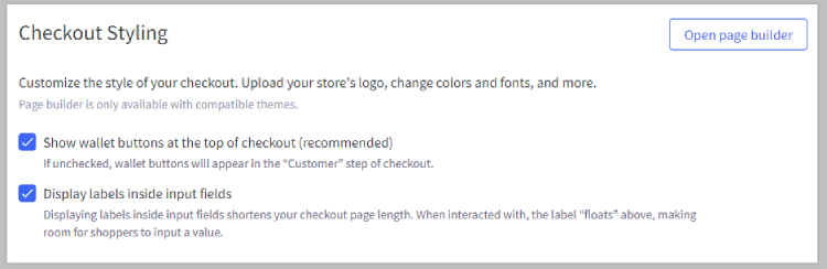 Checkout styling options and Page Builder button.