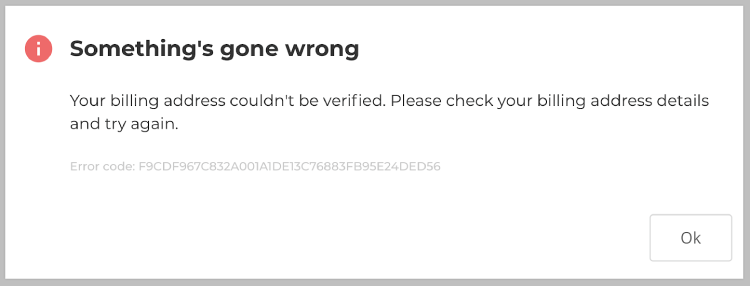 An example of a verbose payment error message for unverifiable billing address.