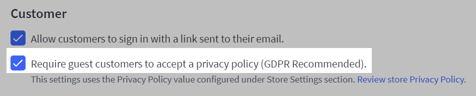 Checkbox for enabling privacy policy as a requirement for guest checkout.