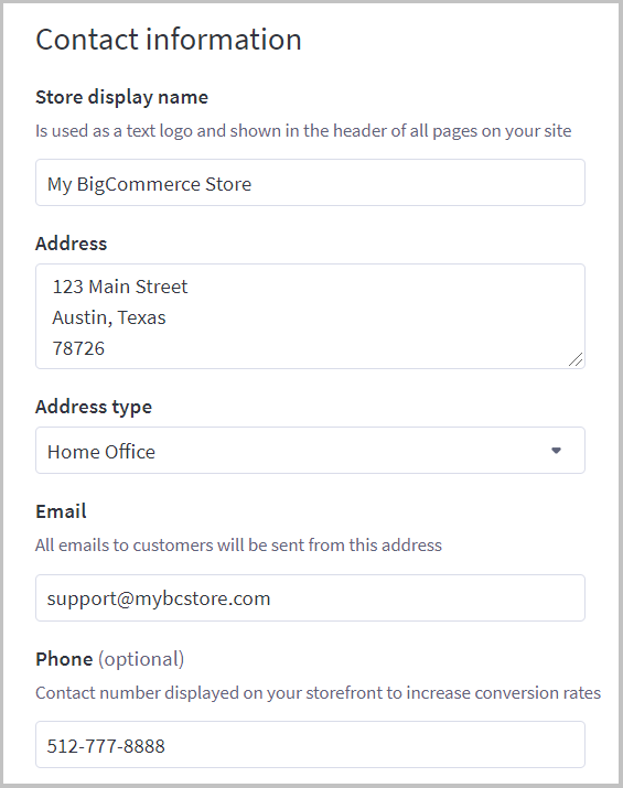 Contact Information in Store Profile Settings