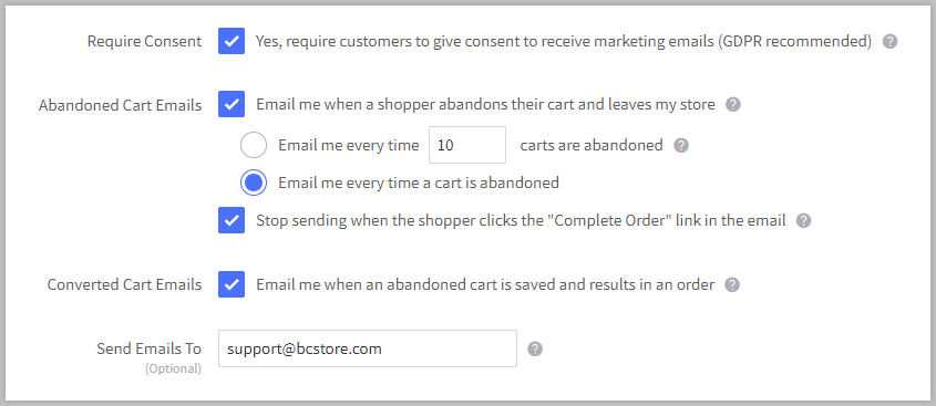 Abandoned Cart notification settings