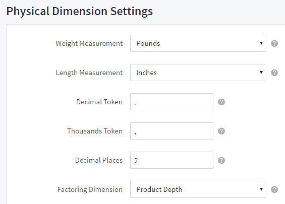 Physical dimension settings for weight and length, plus fields for decimal and thousands token, number of decimal places, and factoring dimension