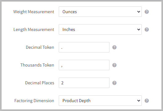 Physical dimension settings for weight and length, plus fields for decimal and thousands token, number of decimal places, and factoring dimension