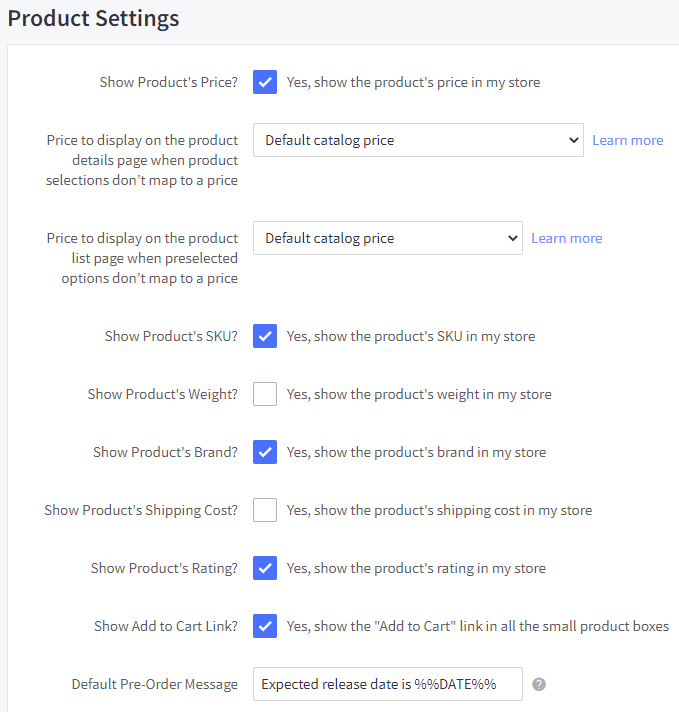 Product Display settings