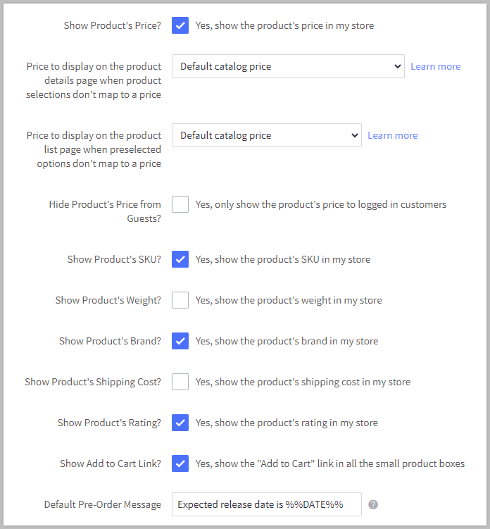 Product Display settings