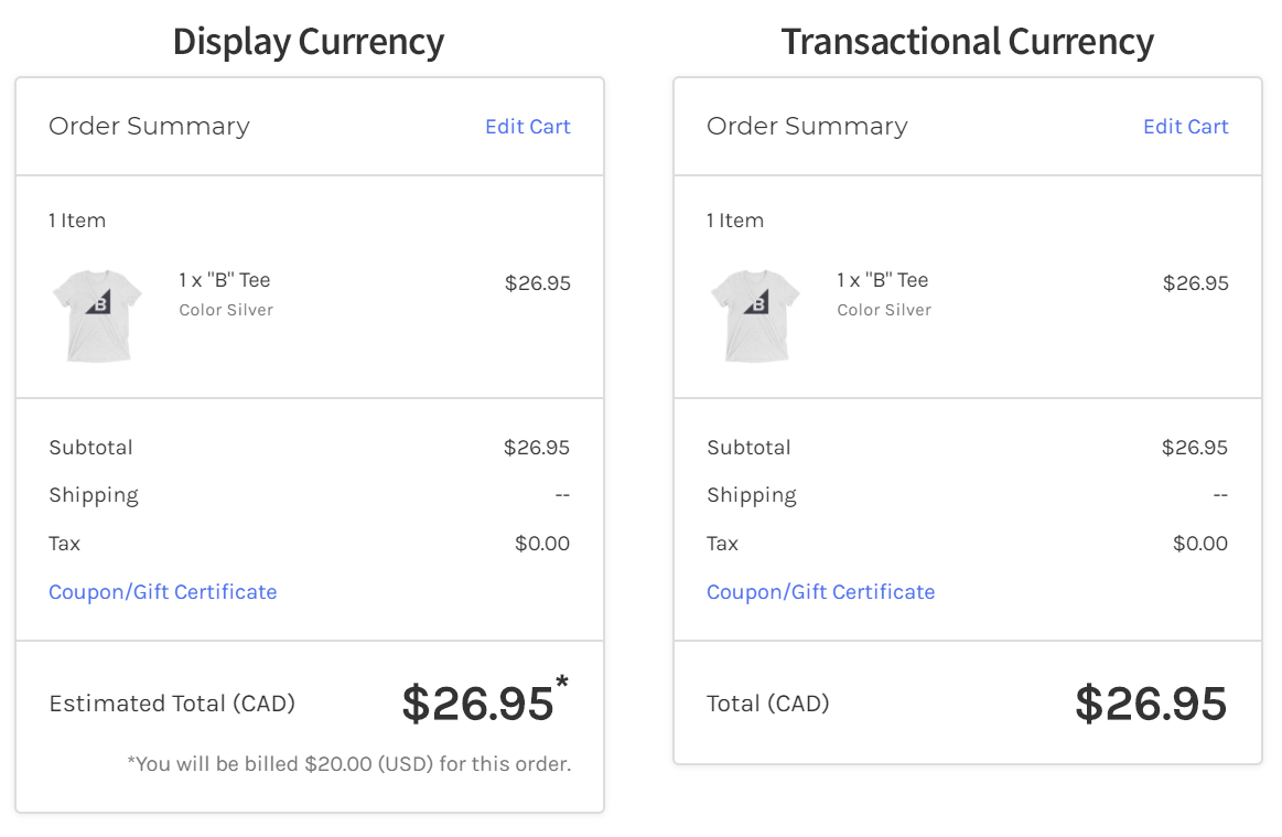 Display currency (left) compared to a Transactional currency (right) at checkout
