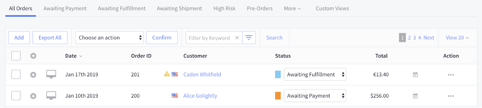 An example of orders in the control panel that have been paid with multiple different currencies
