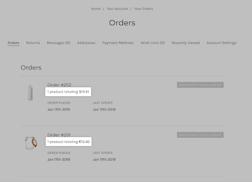 Orders on the storefront customer order history page appear with the currency the order was charged in.