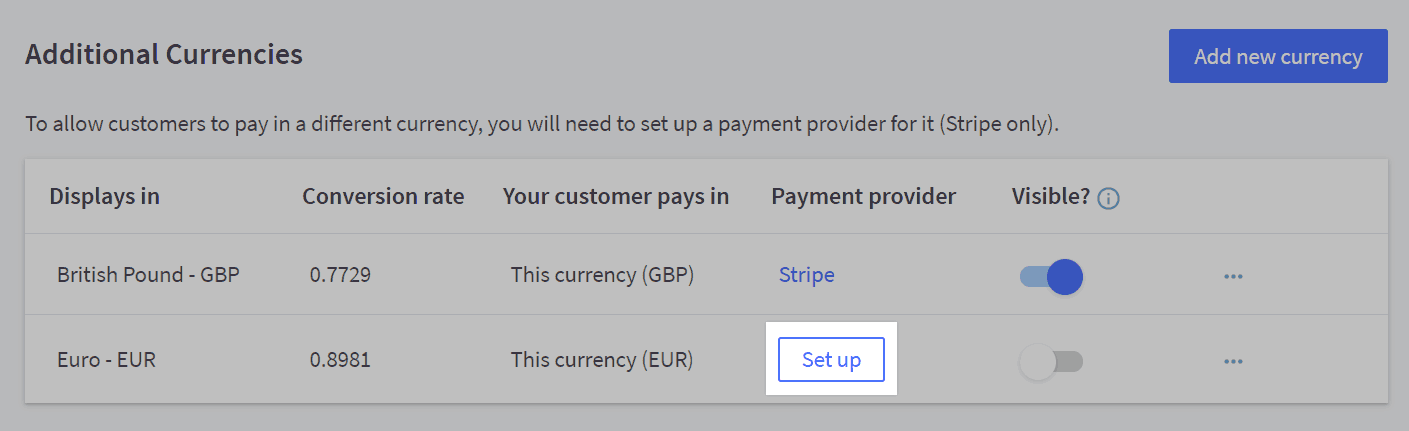 Set up button under Payment provider highlighted on the Currencies settings page