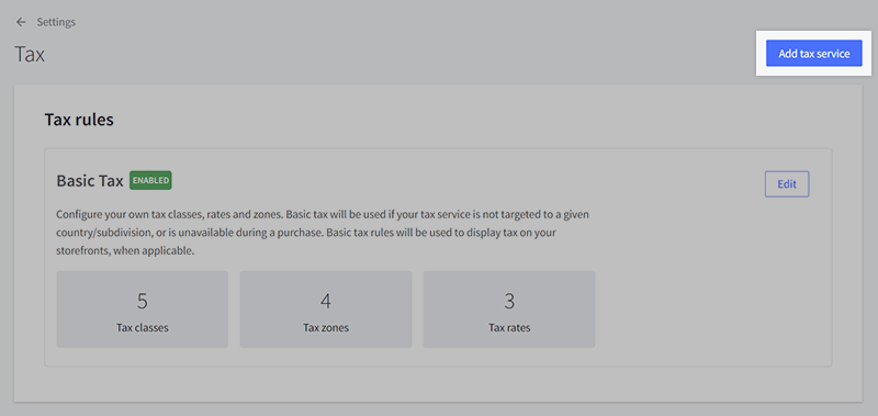 The Add tax service button highlighted on the Tax settings page