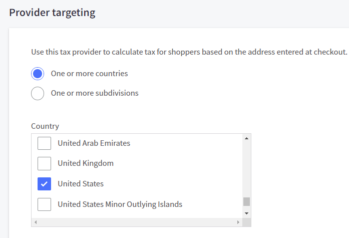 The provider targeting settings showing United States selected in a list of countries.