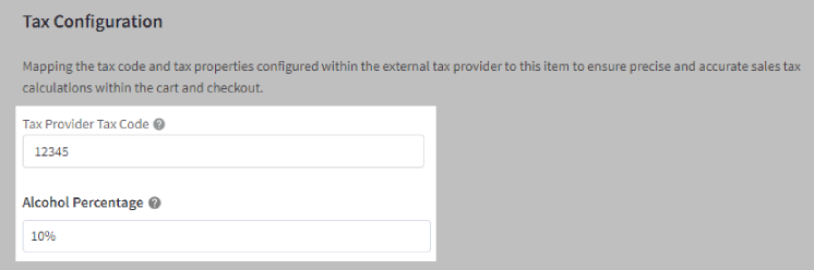 Example of the tax provider tax code field and a tax property