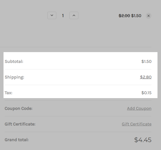 screenshot of cart with 0% shipping tax charged