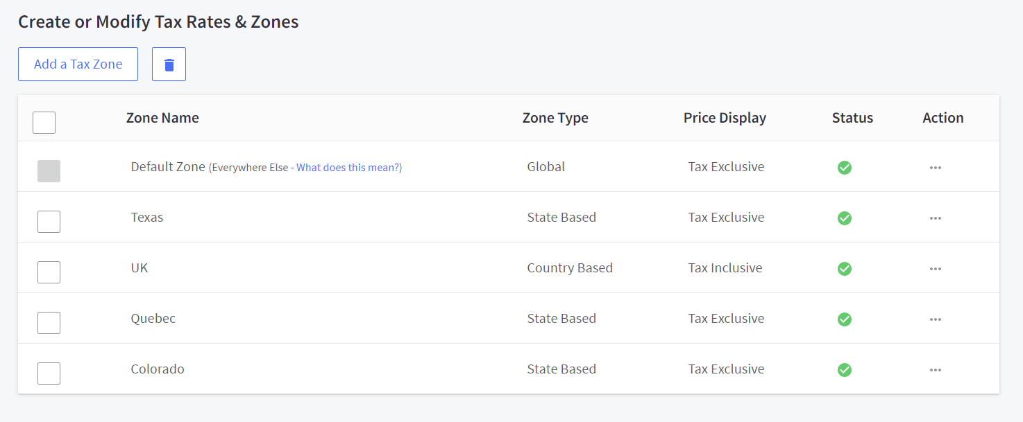 screenshot of tax zones overview page