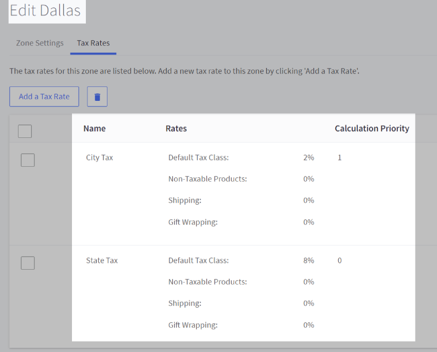 Example of Dallas city tax zone, with two tax rates (city and state taxes).