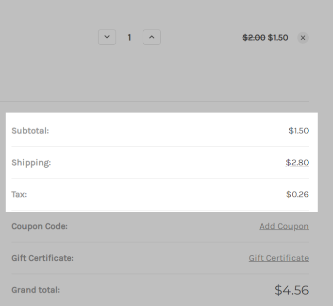 screenshot of cart with 4% shipping tax charged