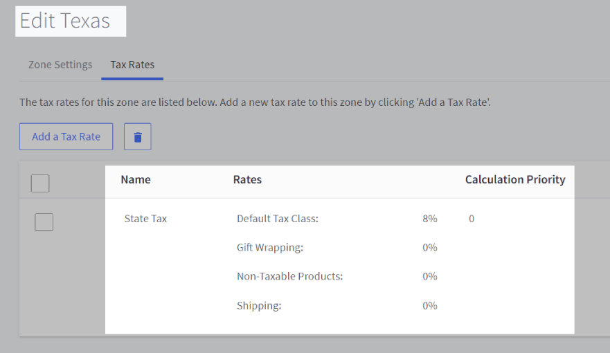 Example of Texas state zone with a single state tax rate