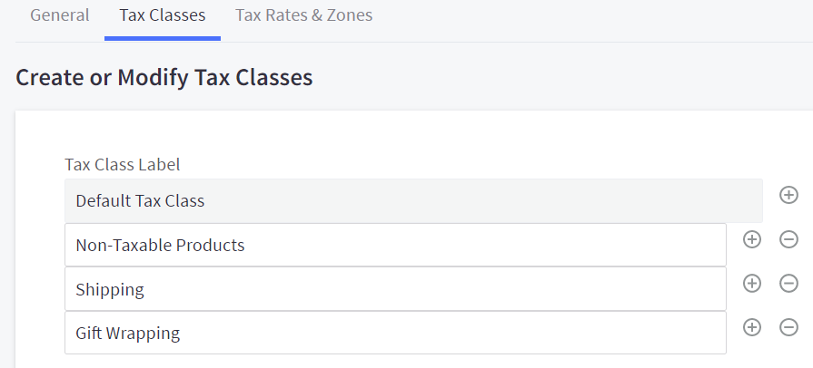 Tax class labels, including the default tax class.