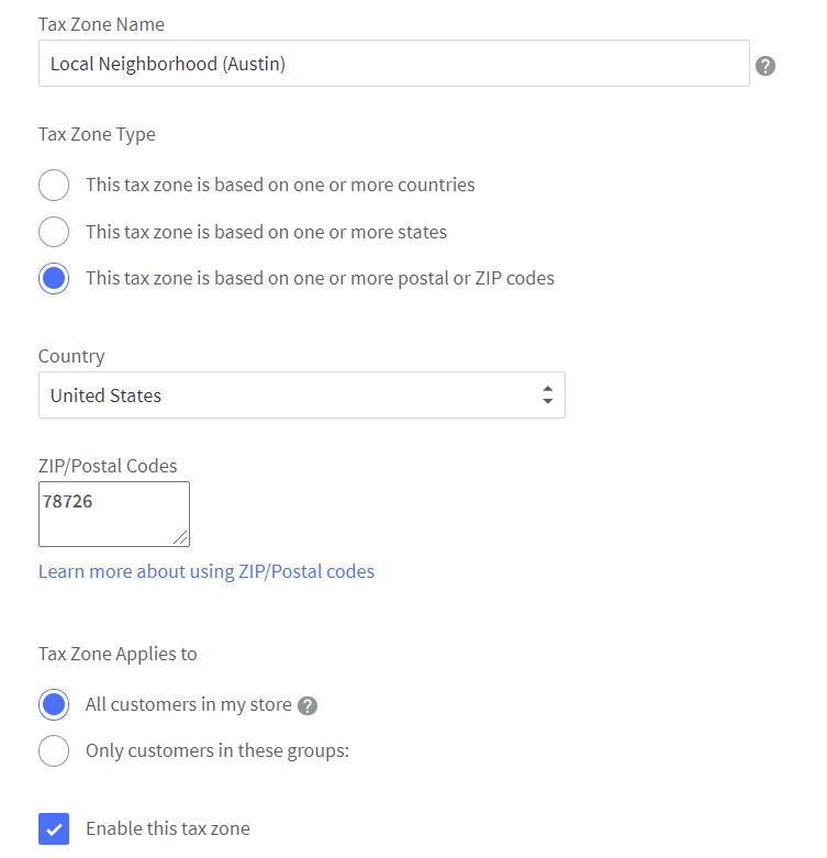 screenshot of fields to fill in when adding a new tax zone