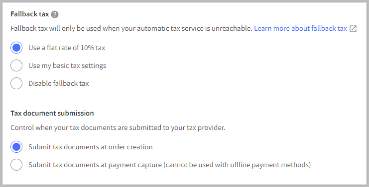 Fallback tax and tax document submission settings.