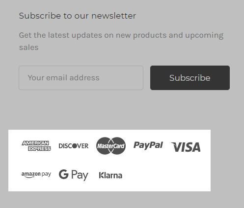 Example of payment logos displaying on a BigCommerce storefront using Cornerstone.