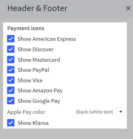 Toggling on payment logos in Page Builder, using the Cornerstone theme.