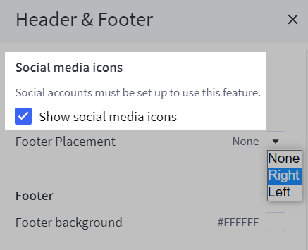 Settings for adjusting where Social Media icons appear in Page Builder