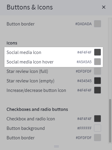 Settings for adjusting Social Media icons colors in the Store Design theme editor