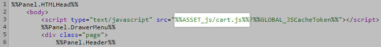 Template HTML editor showing where to add the reference to your custom cart.js file (after)