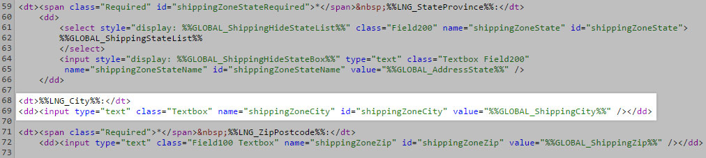 Template HTML editor showing where to add the city field code (after)