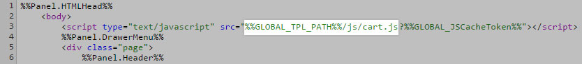 Template HTML editor showing where to add the reference to your custom cart.js file (before)