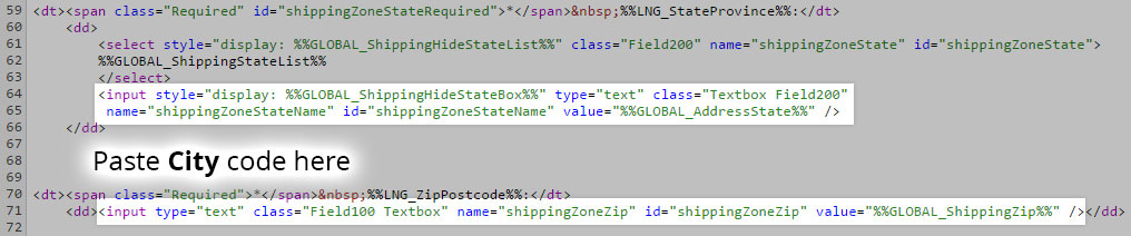 Template HTML editor showing where to add the city field code (before)