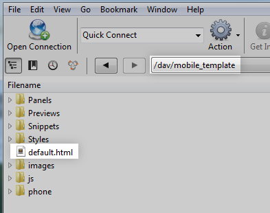 Example of default.html uploaded to the mobile_template directory.