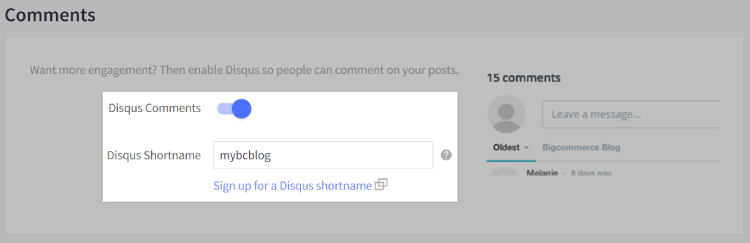 Enable Disqus comments from the Blog Settings page.
