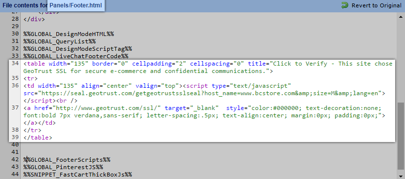 A sample Geotrust Seal code pasted in template.