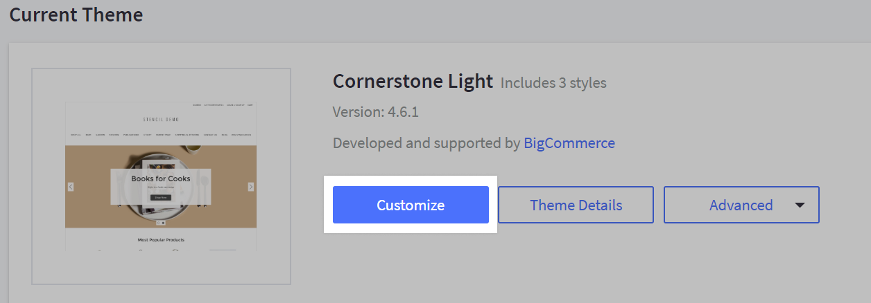 Customize button highlighted on the Themes page