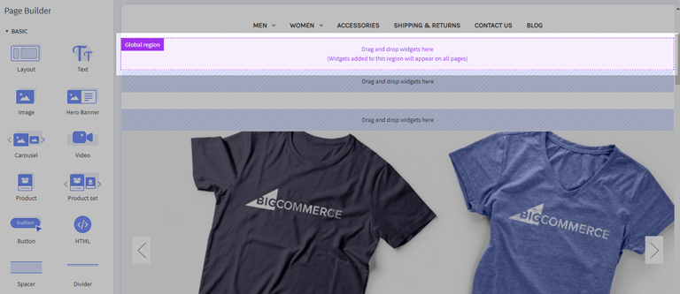 Purple Global Region drag and drop area highlighted in Page Builder