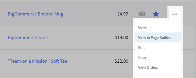 View in Page Builder action item highlighted in the Product List