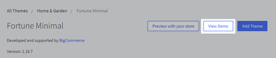 View Demo button highlighted on the theme detail page