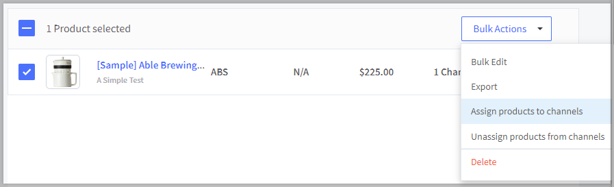 Assign products to channels using the Bulk Actions menu