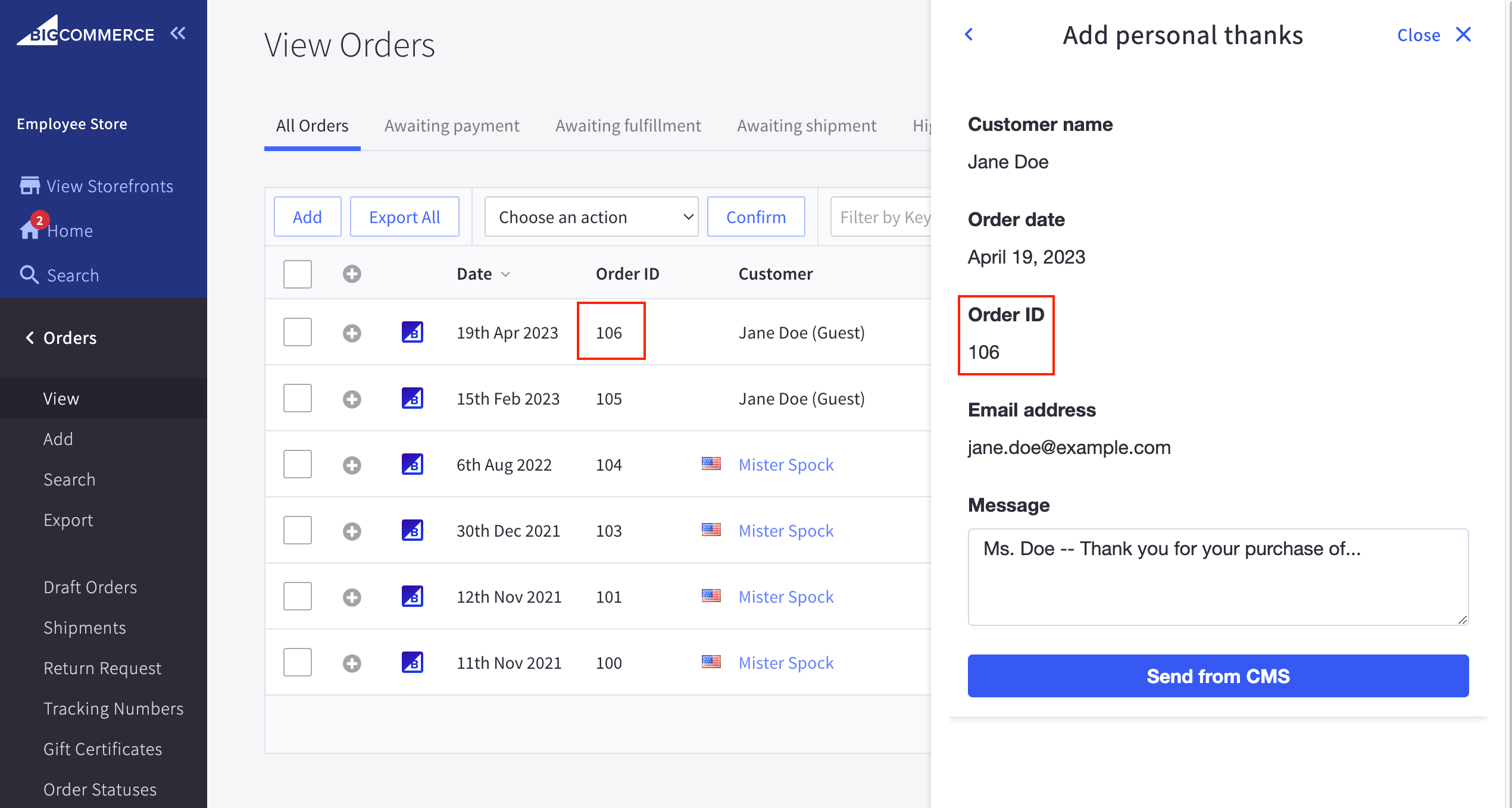 The App Extension side panel on the Orders page, in English. For more info, see the App Extensions Glossary.