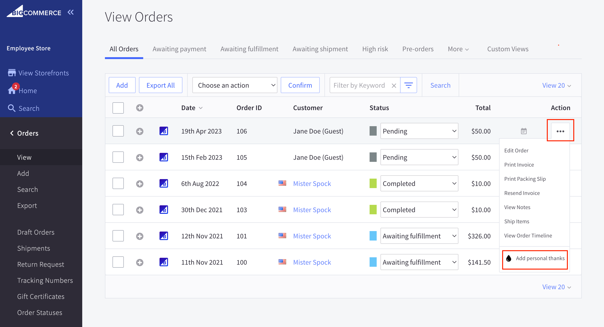 An App Extension menu item on the Orders page, with the link text highlighted. For more info, see the App Extensions Glossary.