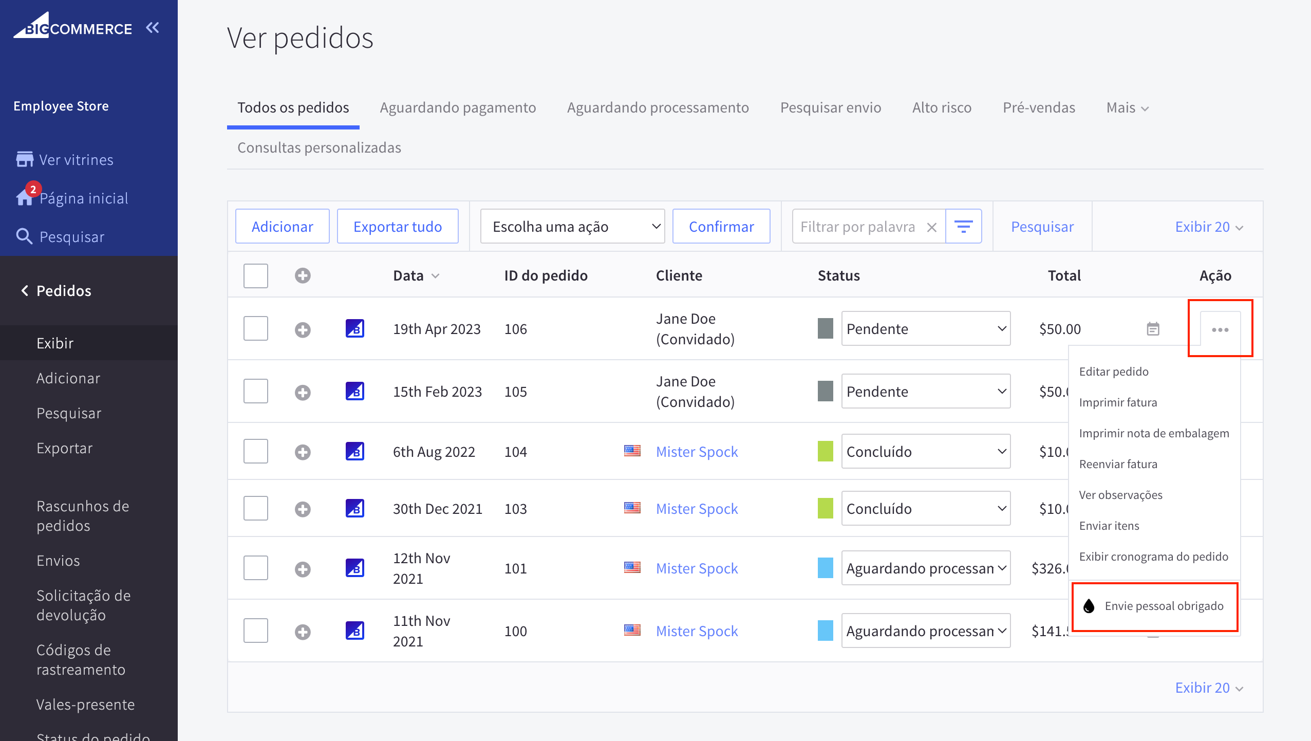 A link version of the same App Extension menu item on the Orders page as the preceding set of tabs, rendered in a control panel configured to use Portuguese.