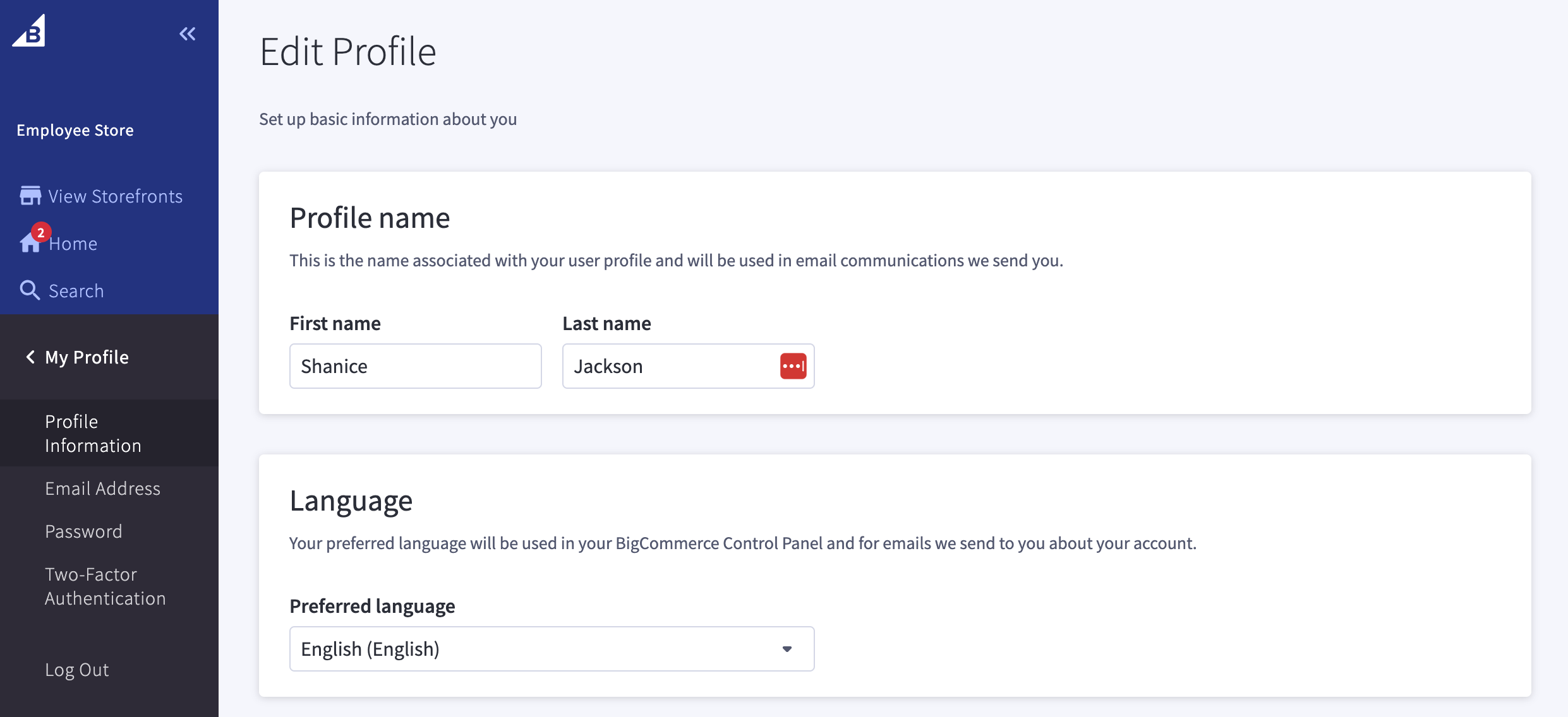 The User Profile information page, with language input set to English.