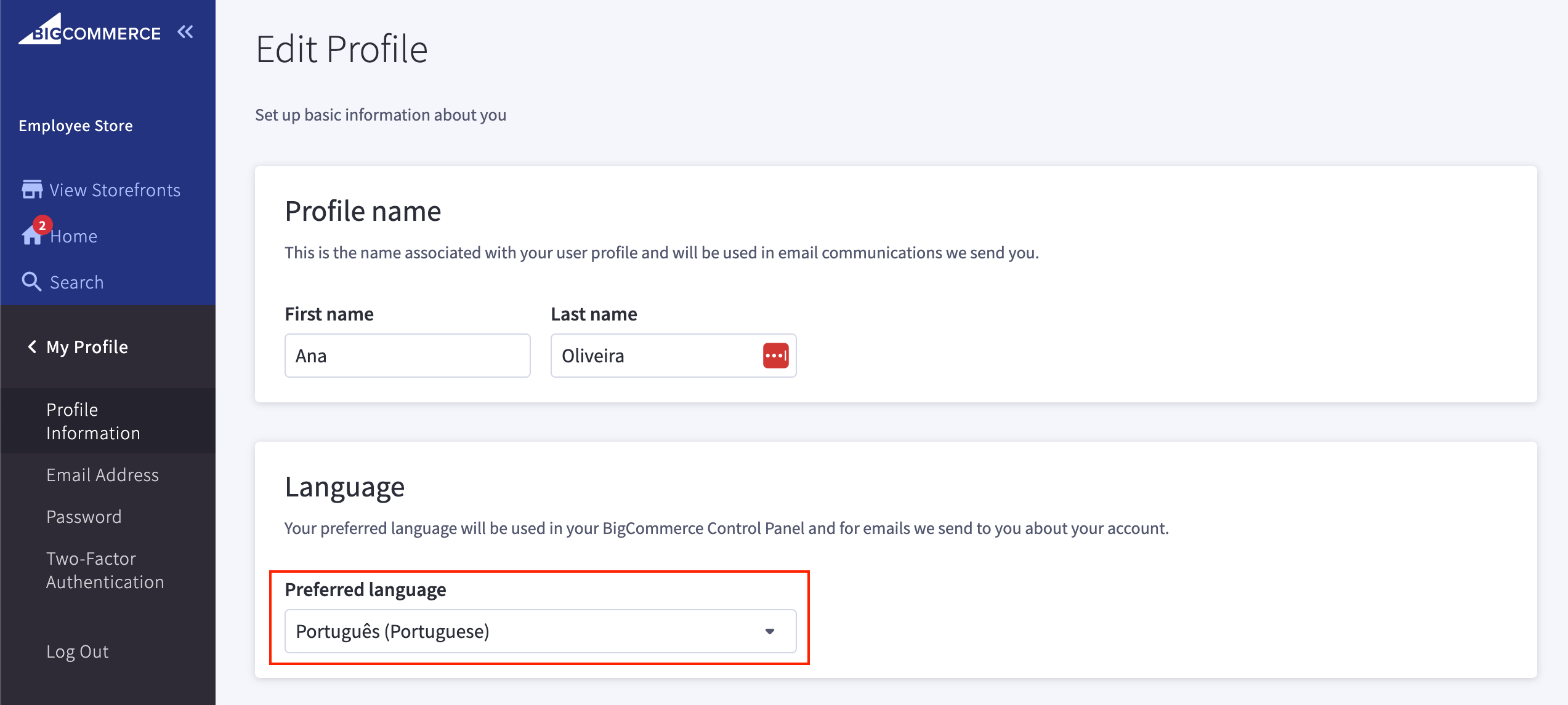 The User Profile information page, with language input set to Portuguese.