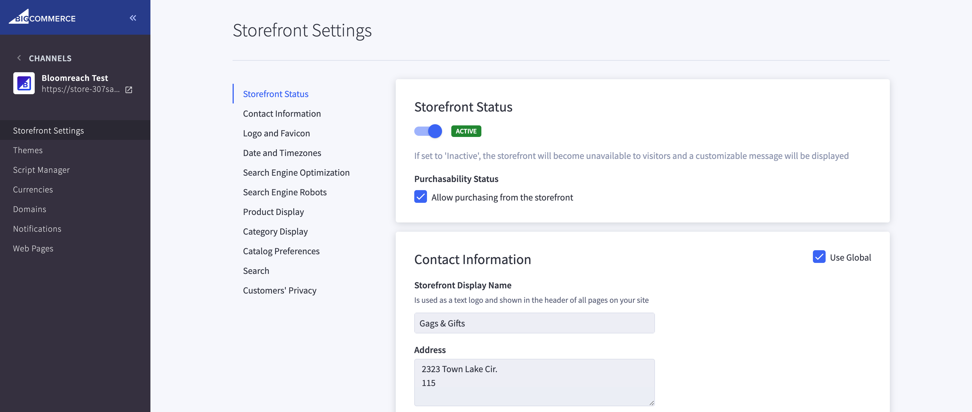 Channel Storefront Settings