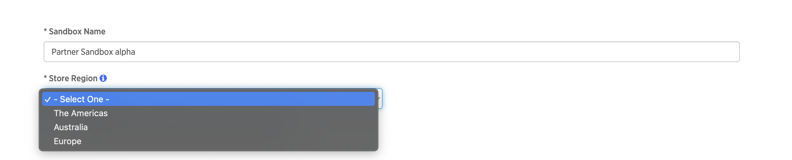 Partner Use sandbox select global region