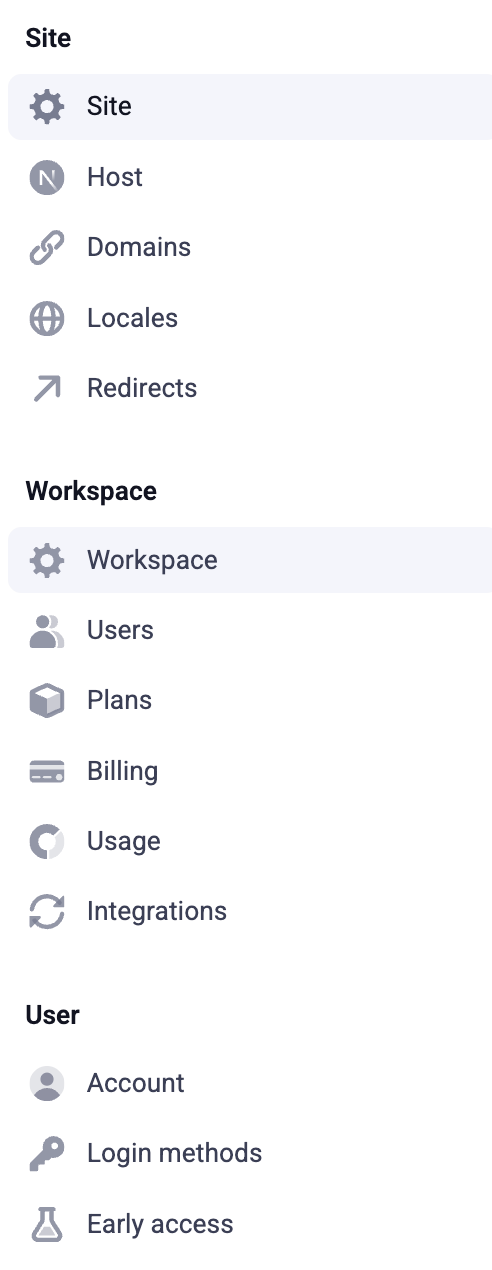 Site and workspace settings
