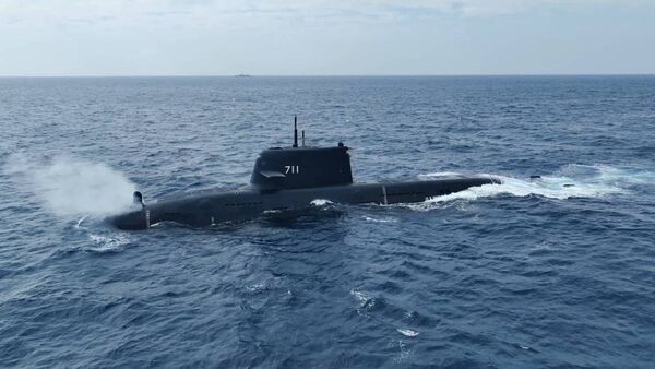 ▲國造潛艦海鯤號連2天潛航測試，國安會秘書長吳釗燮在社群平台X上釋出空拍圖。翻攝吳釗燮X