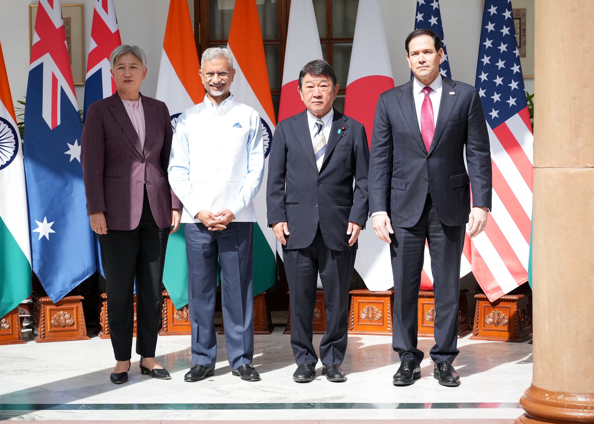 ▲由澳洲、印度、日本及美國組成的「四方安全對話」,其外長會議本週稍早在印度新德里舉行。翻攝茂木敏充X